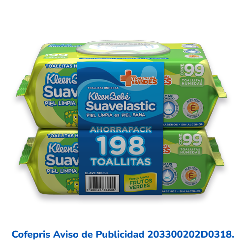 KleenBebé® Suavelastic® Toallitas Con doble textura e ingredientes naturales como aloe vera, té verde y vitamina E que limpian suavemente la piel de tu bebé desde la primera pasada sin dejar residuos.