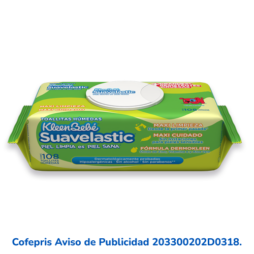 KleenBebé® Suavelastic® Toallitas Con doble textura e ingredientes naturales como aloe vera, té verde y vitamina E que limpian suavemente la piel de tu bebé desde la primera pasada sin dejar residuos.
